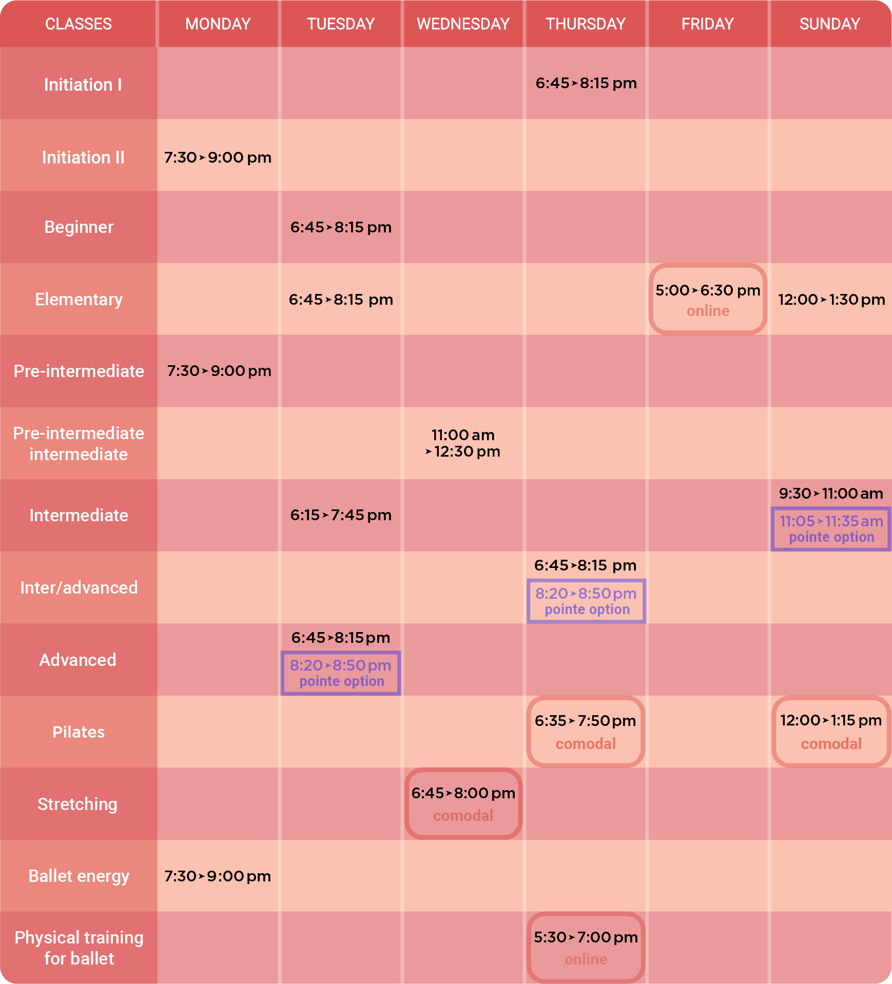 Adults schedule