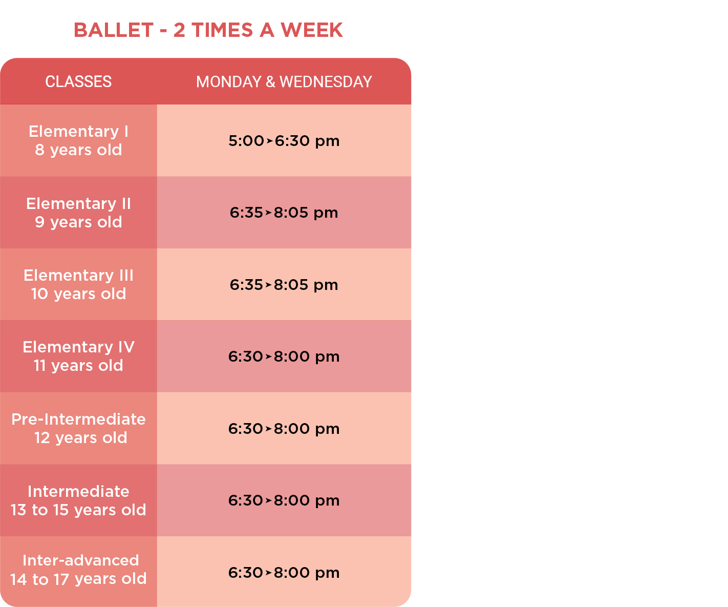 Children classes - Schedule - Twice a week