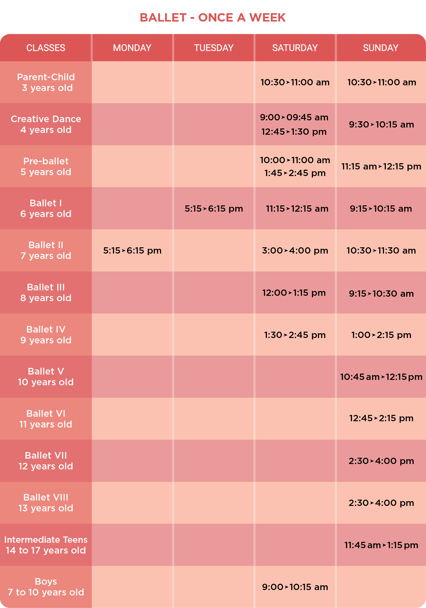 Children classes - Schedule - Once a week