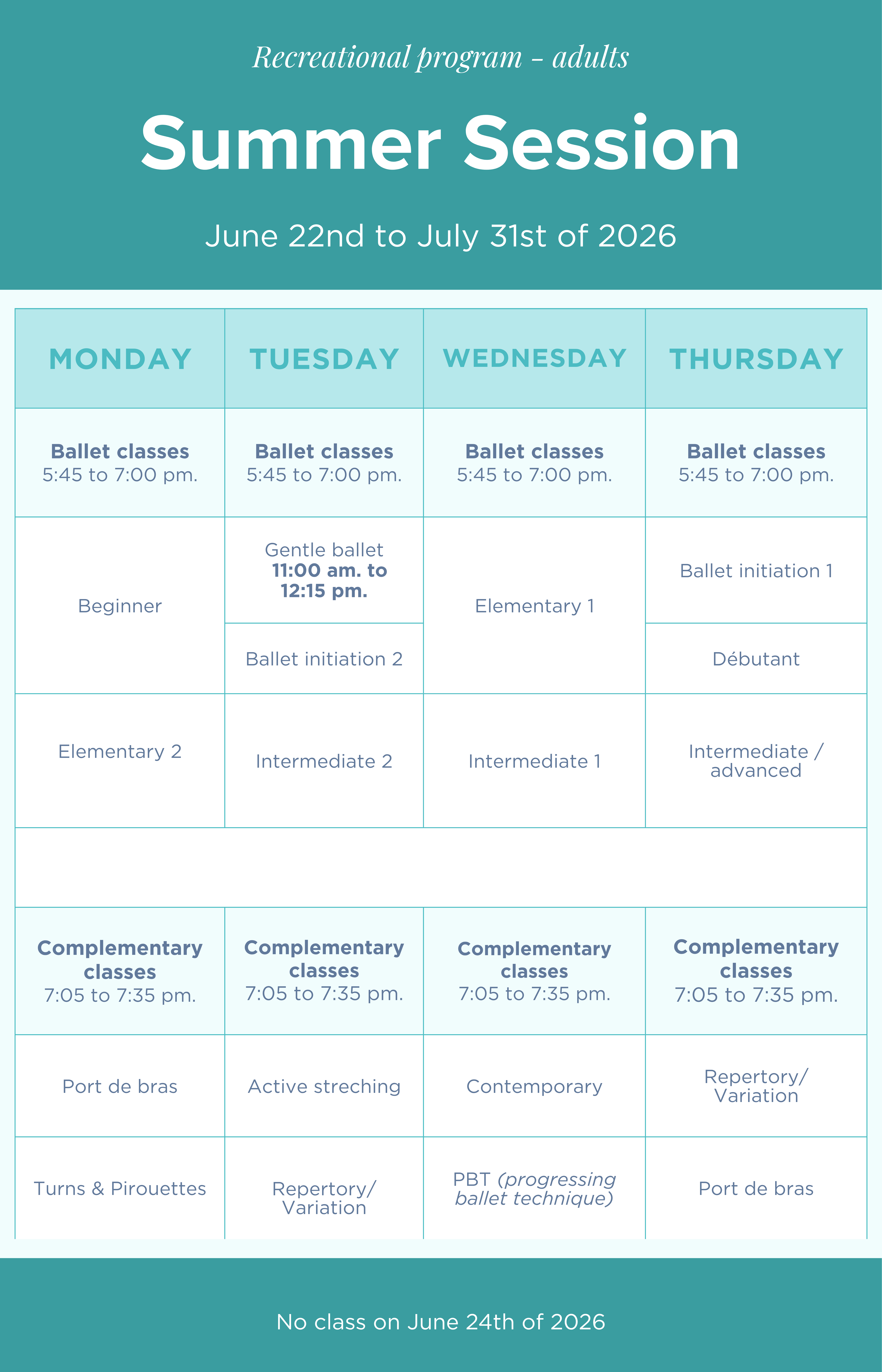 Summer schedule