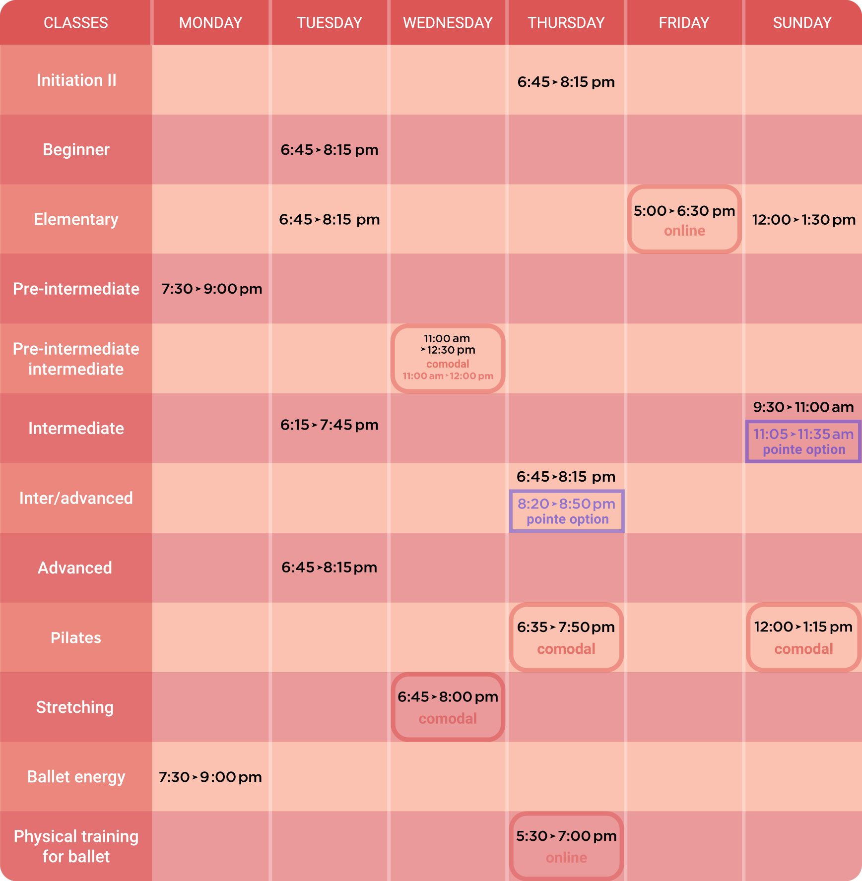 Adults schedule